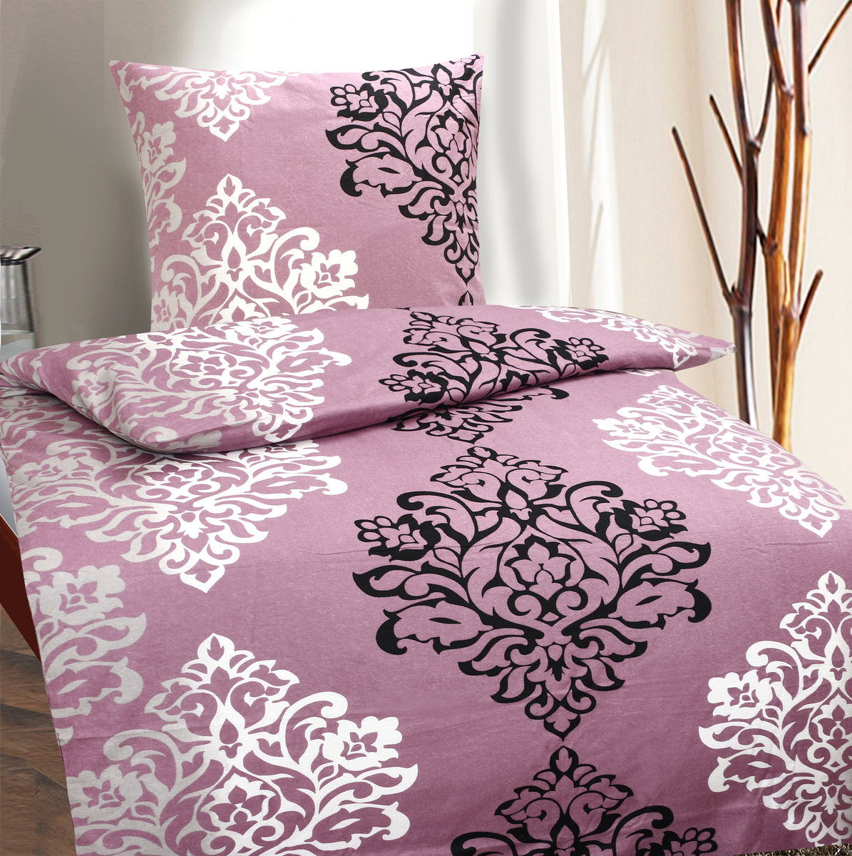 Hochwertige Biber Bettwäsche Baumwolle Ornamente 135x200 80x80 Rosa