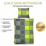 Satin Bettwäsche Baumwolle Kariert Grün Grau 155x220 80x80cm