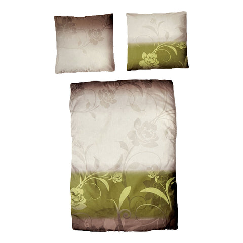 Baumwolle Satin Bettwäsche Blumen Grün Braun Weiß 135x200 80x80