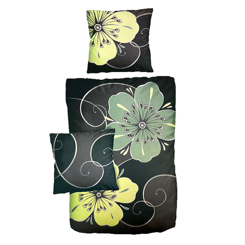 Hochwertige Baumwolle Satin Bettwäsche Blumen Grün Schwarz  155x220 80x80cm