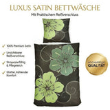 Satin Bettwäsche Baumwolle Blumen Grün Grau 155x220 80x80cm