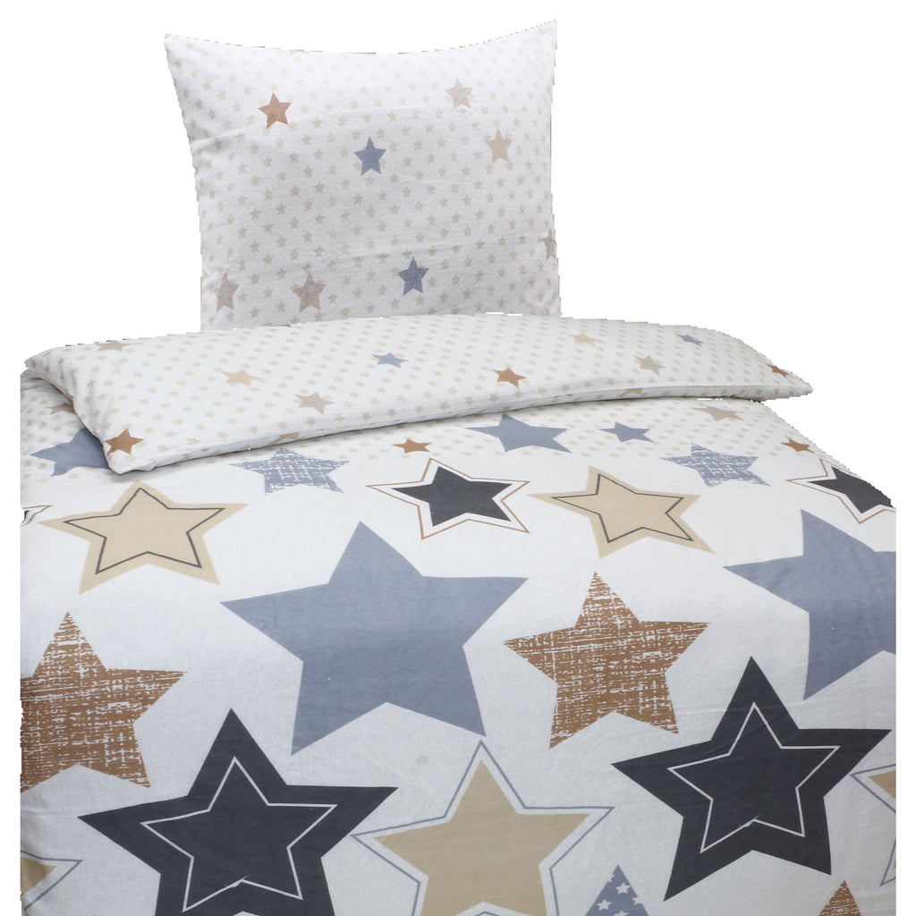 Hochwertige Biber Bettwäsche Baumwolle Sterne Blau Beige 135x200 80x80 – aboutyourhome