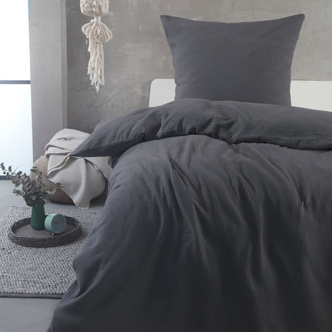 Hochwertige Musselin Bettwäsche Baumwolle 135x200 80x80cm Dunkelgrau