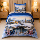 Hochwertige Fleece Bettwäsche Winterlandschaft Blau 135x200 80x80cm