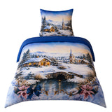 Hochwertige Fleece Bettwäsche Winterlandschaft Blau 135x200 80x80cm
