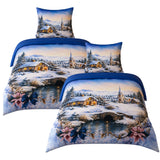 Hochwertige Fleece Bettwäsche Winterlandschaft Blau 135x200 80x80cm