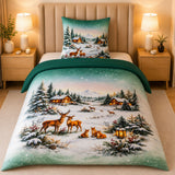 Hochwertige Fleece Bettwäsche Winterlandschaft Grün 135x200 80x80cm