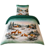 Hochwertige Fleece Bettwäsche Winterlandschaft Grün 135x200 80x80cm