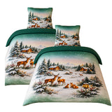 Hochwertige Fleece Bettwäsche Winterlandschaft Grün 135x200 80x80cm