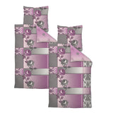 Hochwertige Fleece Bettwäsche Blumen Ornamente Grau Lila 135x200 80x80cm